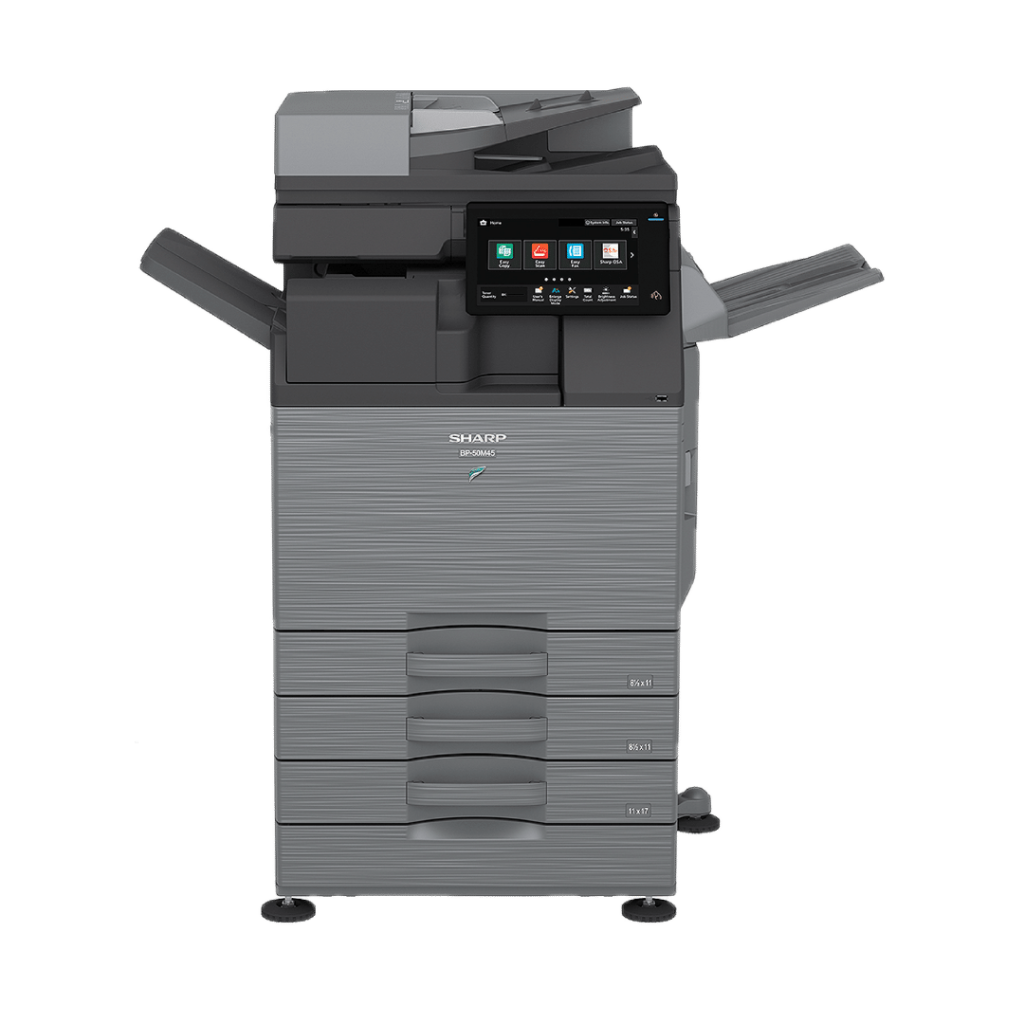 Detailed view of Sharp BP50M26 black and white multifunction printer's paper output section