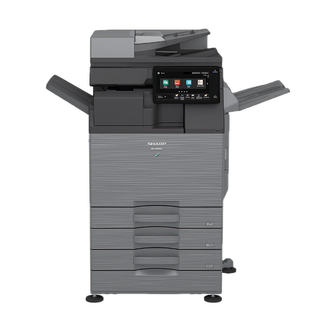 Detailed view of Sharp BP50M26 black and white multifunction printer's paper output section