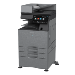 Sharp BP70M55 monochrome multifunction printer with touchscreen interface and modern design.