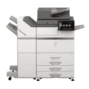 Sharp BP70M75 monochrome multifunction printer with a 10.1-inch touchscreen and compact design.