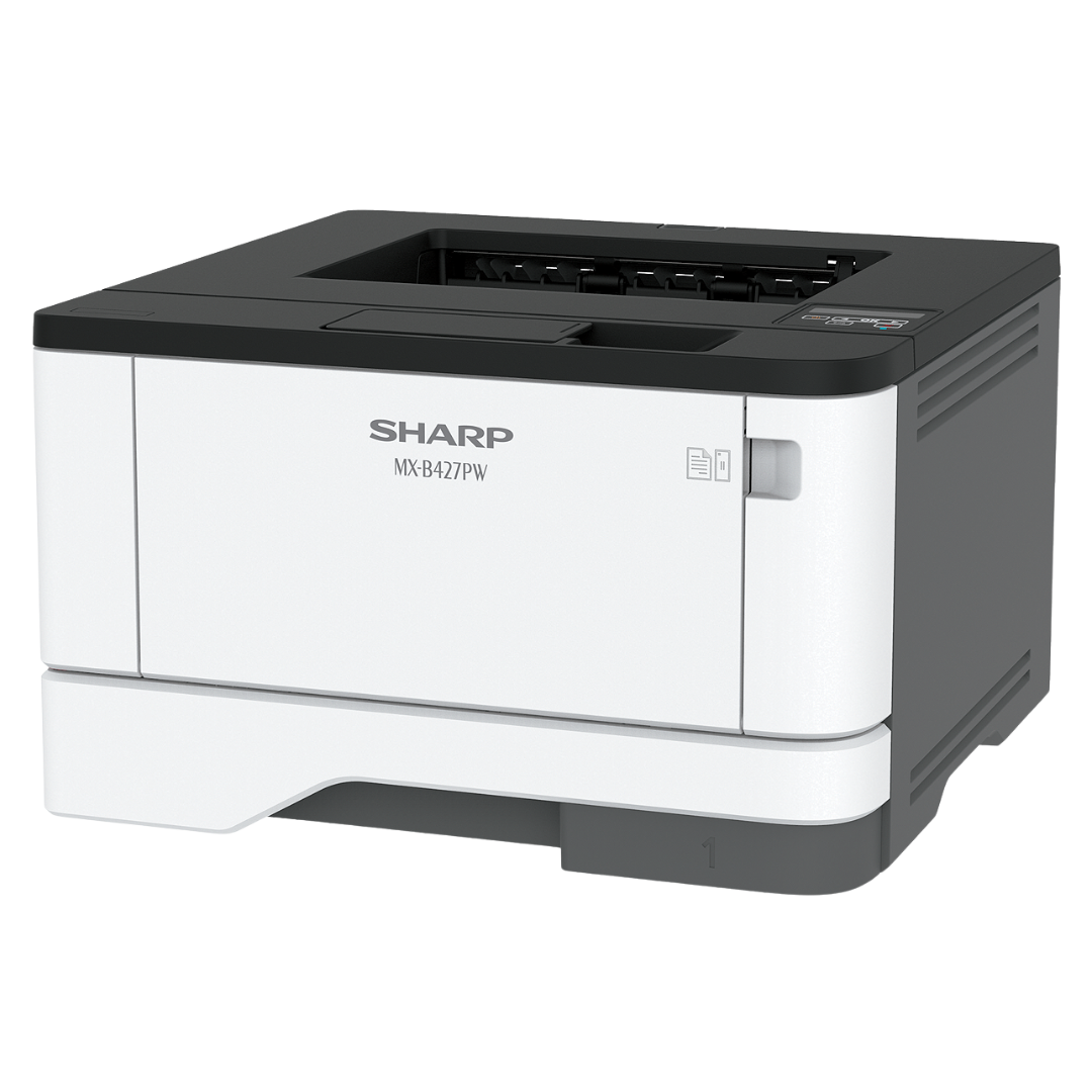 Sharp MXB427PW B&W compact monochrome device with side view highlighting its modern design.