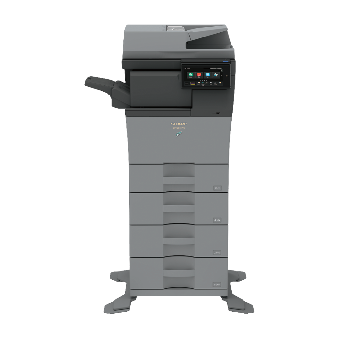 Front view of the Sharp BPC535WD multifunction printer, showcasing its compact design and advanced features for office efficiency