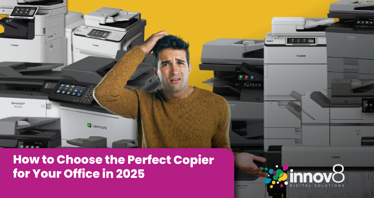 A confused office worker surrounded by various copier models, highlighting the challenge of selecting the perfect copier for an office.