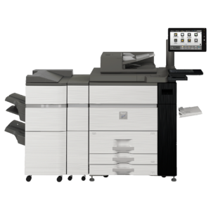 Front view of the Sharp MXM1056 Monochrome Document System with an advanced finishing module and a user-friendly control panel.