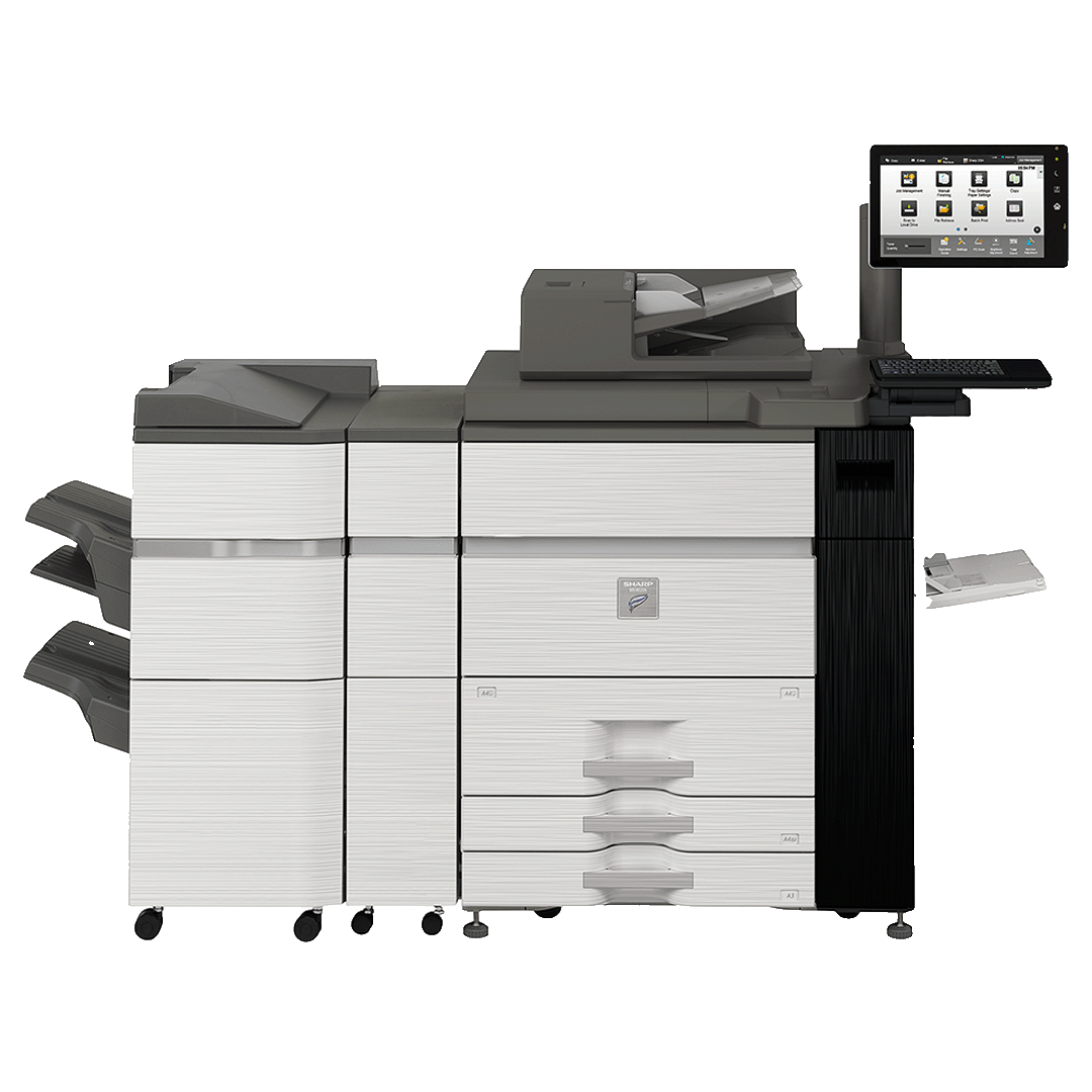 Front view of the Sharp MXM1056 Monochrome Document System with an advanced finishing module and a user-friendly control panel.