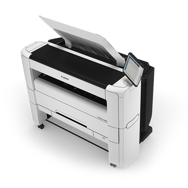 Canon PlotWave 3000 wide-format printer with a touchscreen display and paper output tray.