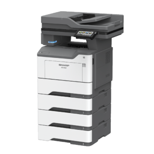 Sharp MXB468F Monochrome MFP with multiple paper trays and sleek design for high-speed printing.