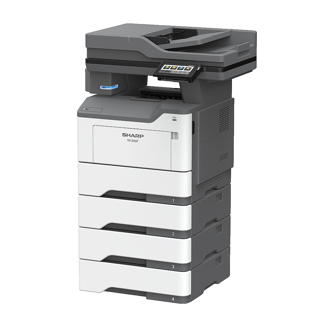 Sharp MXB468F Monochrome MFP with multiple paper trays and sleek design for high-speed printing.