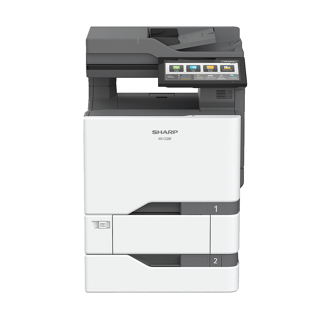 Sharp MXC528F Color MFP with touchscreen interface and dual paper trays.