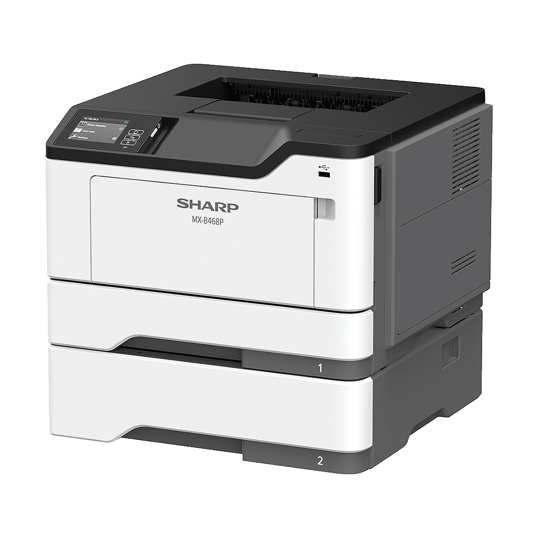 Angled view of the Sharp MXB468P B&W Printer, showcasing its compact design and dual paper trays.