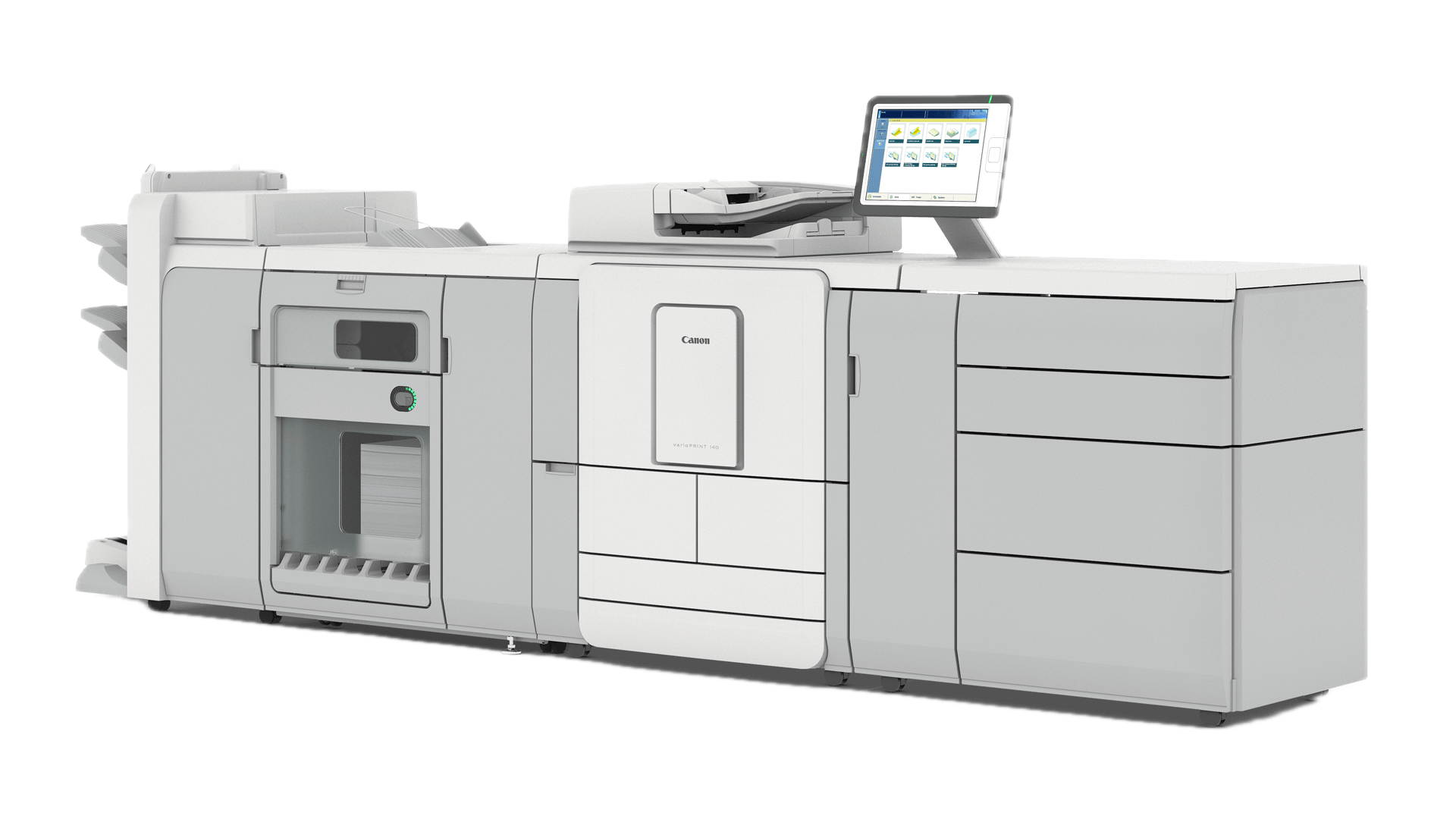 Canon VarioPrint 140 high-volume production printer with touchscreen display and advanced finishing options.