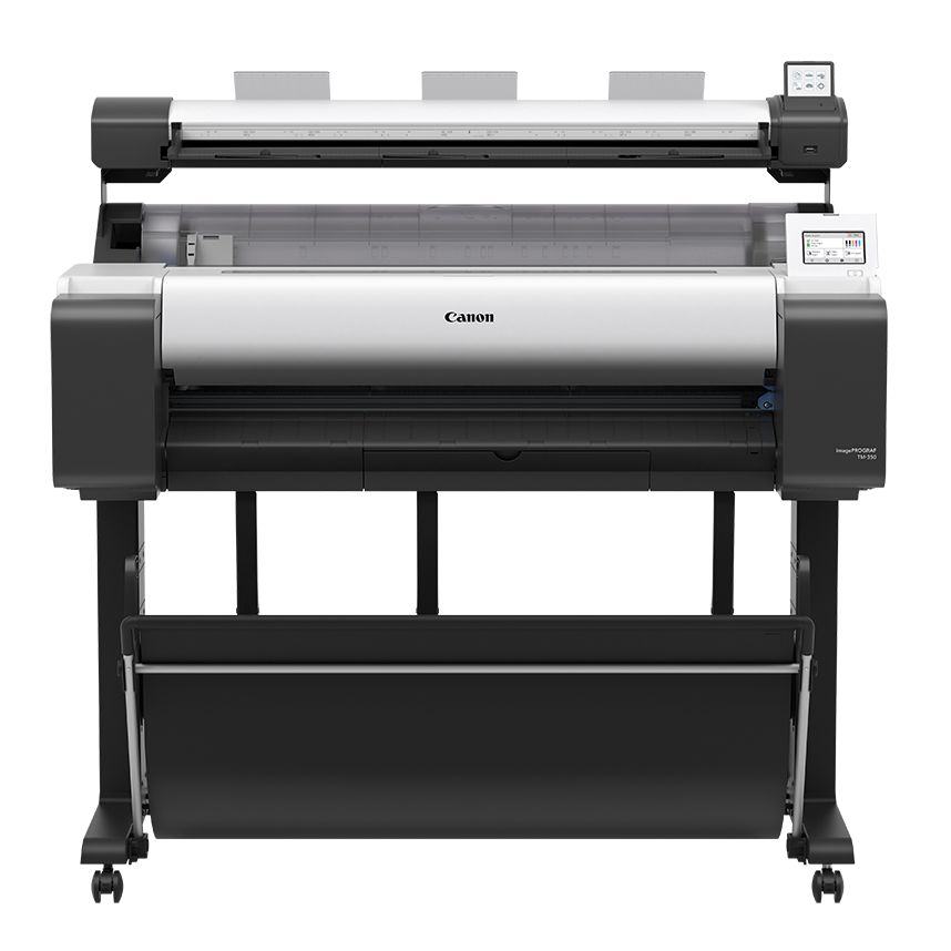 Front view of the Canon imagePROGRAF TM-350 Lm SD-34 large-format printer designed for high-quality professional printing.