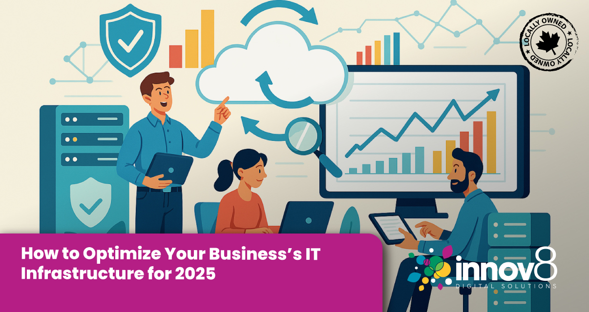 Illustration of professionals analyzing data charts, servers, and cloud systems to optimize IT infrastructure for business growth in 2025.