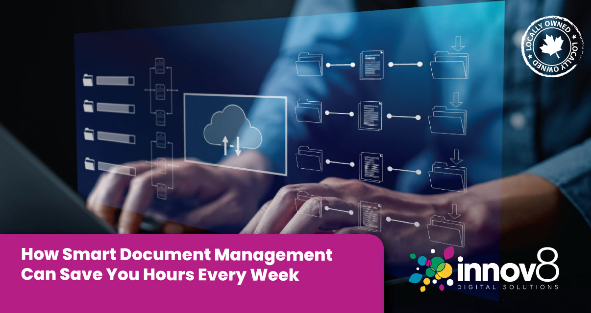 Hands interacting with a digital touchscreen displaying cloud-based document management and folder organization system.