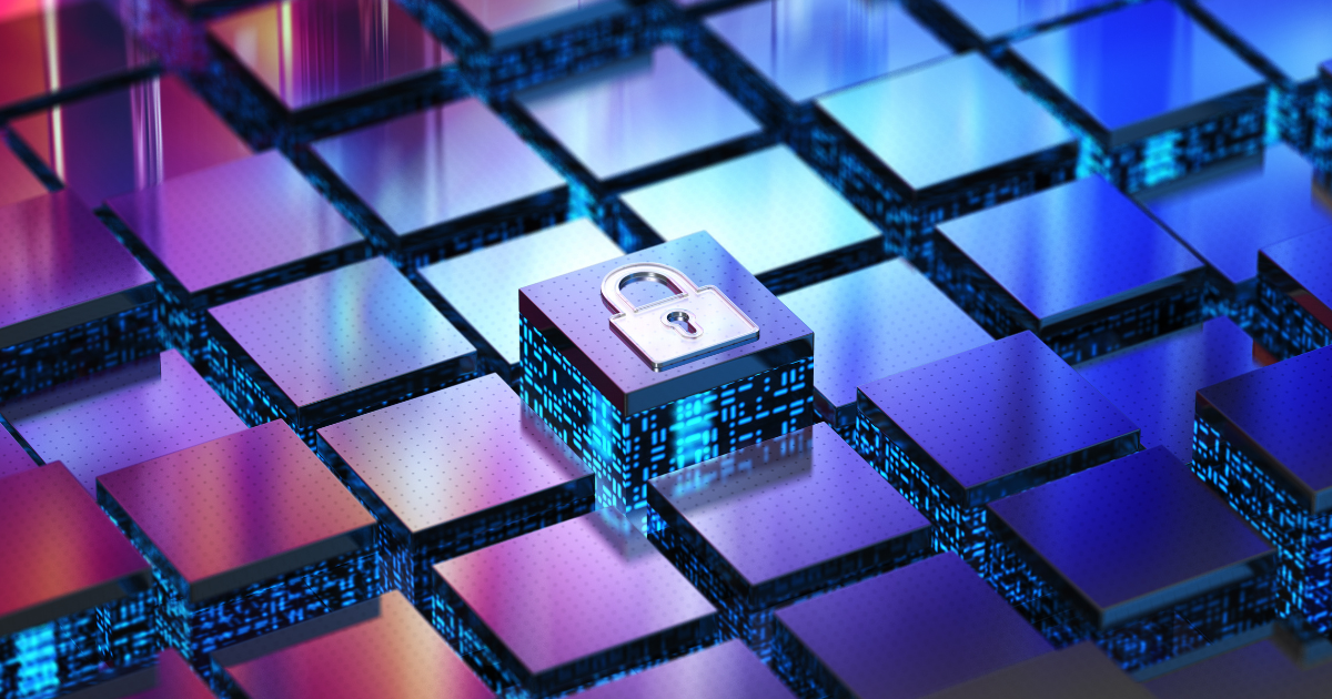 A digital padlock icon on a raised circuit tile among glowing blocks, representing cybersecurity and data protection.
