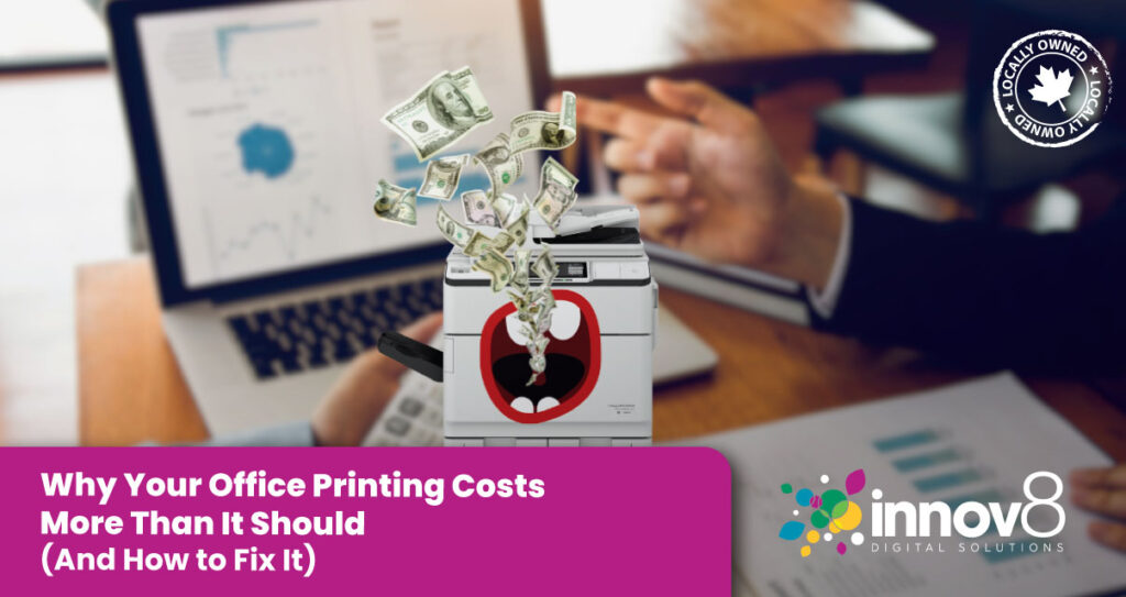 A cartoon-faced office printer ejecting dollar bills, symbolizing high printing costs in a business setting with charts and a laptop.