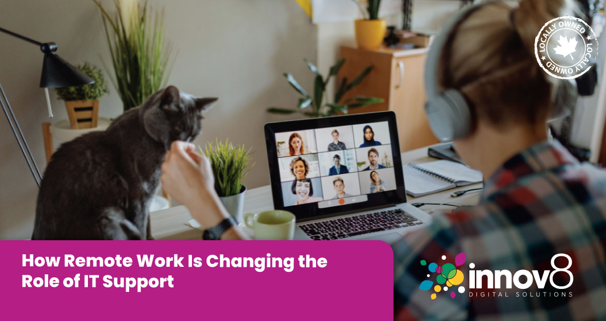 Person working remotely during a video conference with a cat nearby, symbolizing the shift in IT support needs.