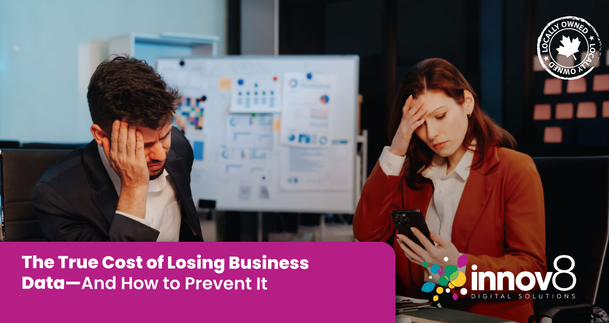 Stressed business professionals reacting to lost data while reviewing phone and documents in office.