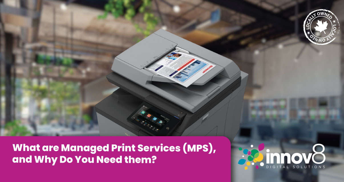 A Sharp multifunction printer operating in a modern office environment with a document being scanned or copied.