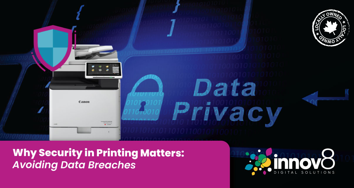 Canon printer with a digital shield icon and “Data Privacy” text, highlighting the importance of secure printing.