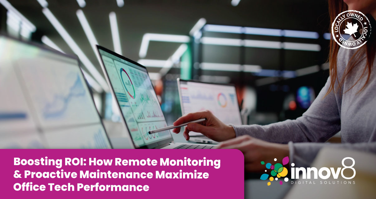 erson using analytics dashboard on laptop to monitor and improve office tech performance remotely.