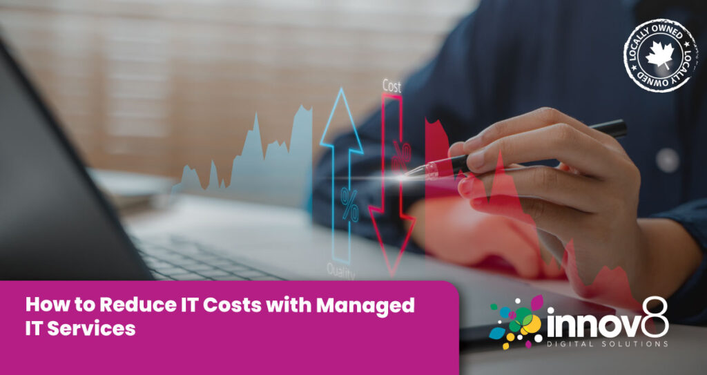 Business professional analyzing IT cost reduction strategies on a laptop with digital graphics of cost and quality indicators.