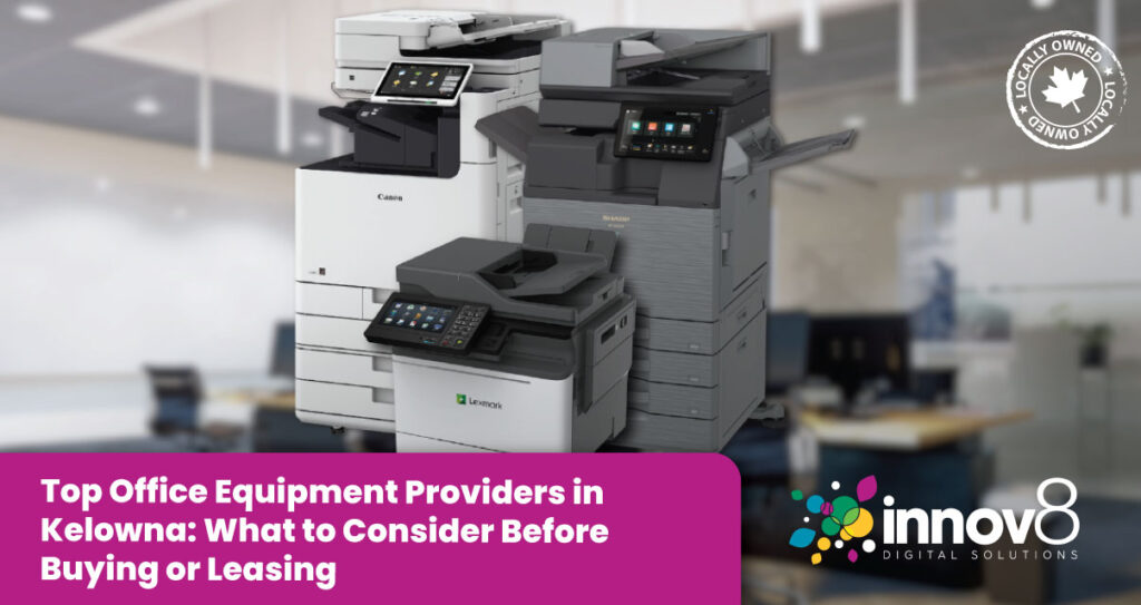 Canon, Sharp, and Lexmark multifunction printers displayed in a modern office setting.