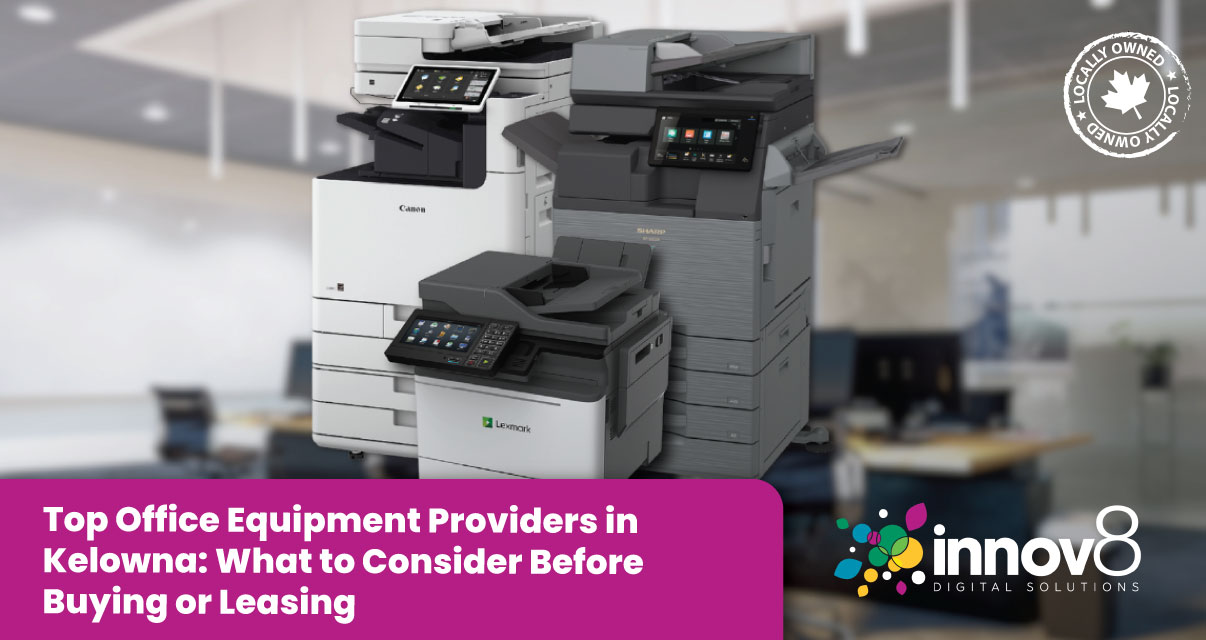 Canon, Sharp, and Lexmark multifunction printers displayed in a modern office setting.