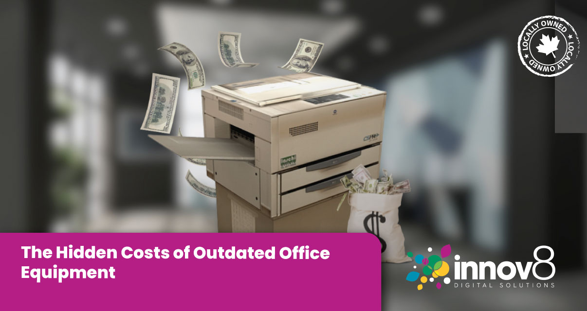 Old photocopier machine printing money with dollar bills flying and a money bag next to it in a modern office.
